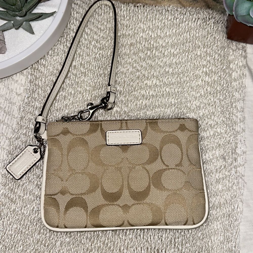 Coach C Signature Logo Light Brown Ivory Canvas Leather Combo Wristlet Wallet